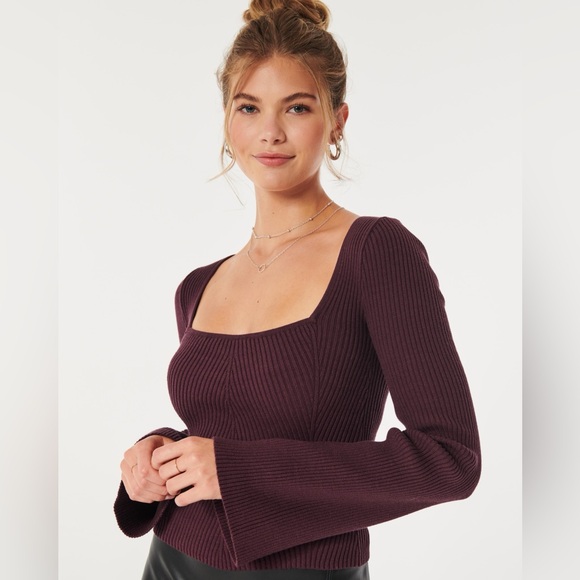 Hollister Red Square Neck Slim Sweater Bell Sleeves Cotton Blend - Picture 2 of 7